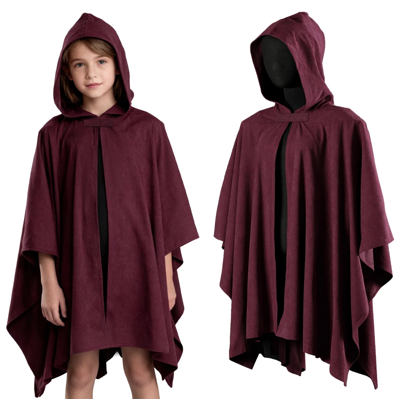 Kids Medieval Hooded Cloak with Adjustable Brooch - Corduroy Cape